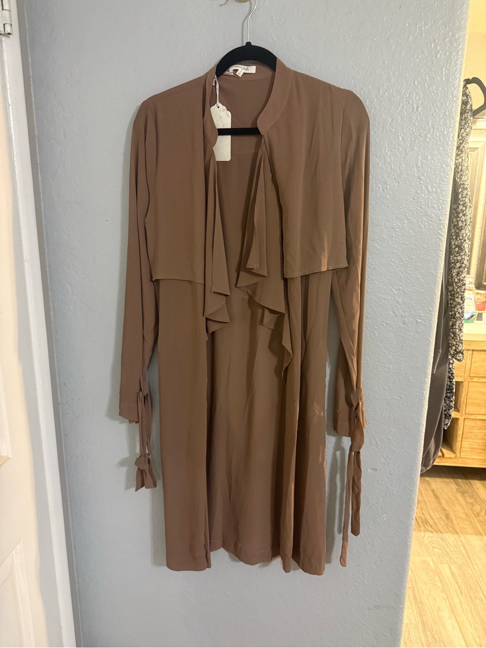 Honey Belle Taupe Ruffle-Front Long Sleeve Dress